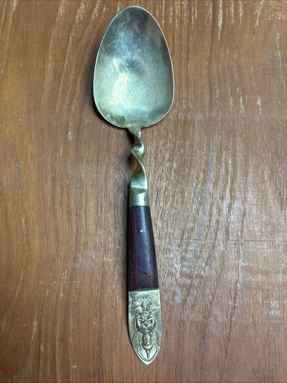 Vintage Siam Thailand Serving Spoon Twist 9 inch Silverware Brass Wood Handle